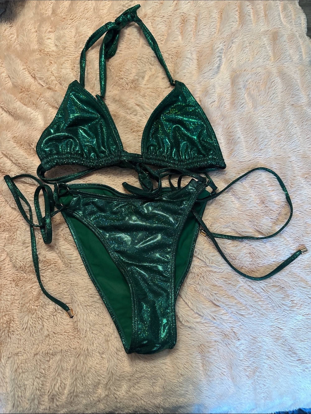 Zaful Metallic Emerald Green Tie Triangle Bikini Set